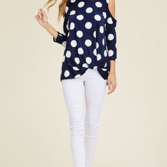 Navy cold shirt polka dot top with twist tie front - Picture 6 of 8